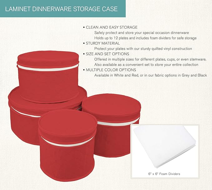 LAMINET 4 Piece Quilted Plate Storage Set - Holds Up to 48 Plates with Padded Inserts - RED