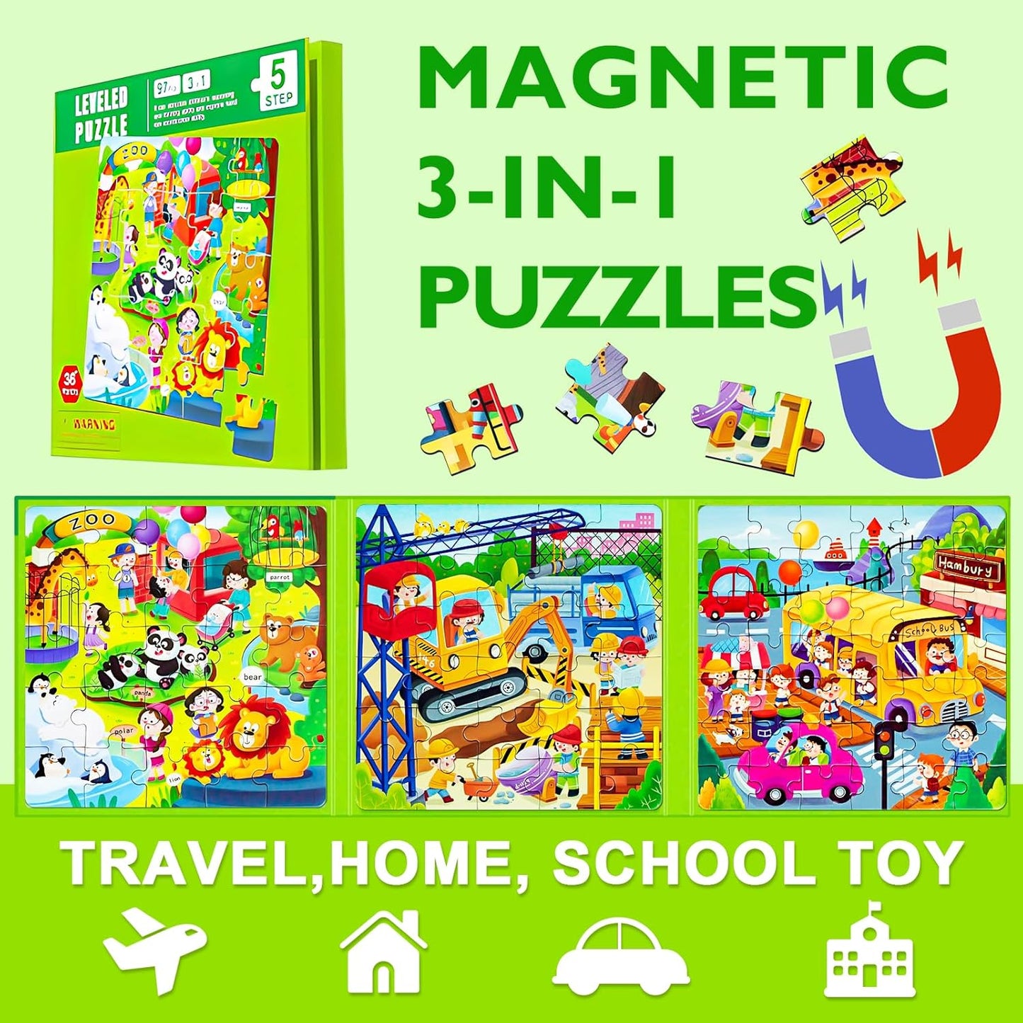 Magnetic Puzzles for Kids Ages 4-8, 3 in 1 Cartoon Jigsaw Puzzle Book, Toddlers Travel Puzzles Toys, Preschool Learning Toy for Children 3-8 Year (Green Zoo)