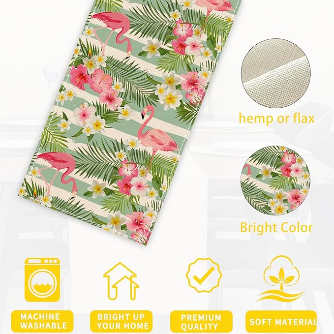 Flamingo Palm Leaf Hibiscus Table Runner Dresser Scarves Seasonal Linen Tablerunner for Indoor Outdoor Kitchen Home Party Holiday Dining Table Decor 13 X 70 Inch