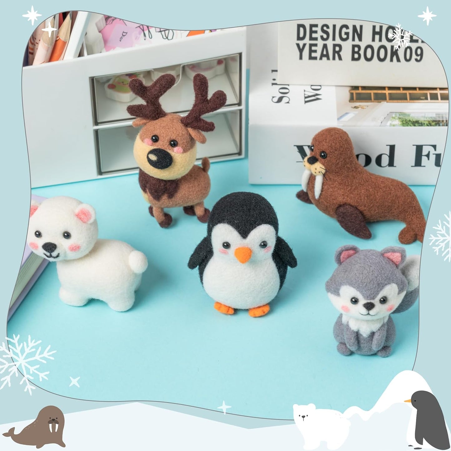WATINC Needle Felting Kit - 5 Set Unique Different Cute Doll Wool Felt Needle Tools Foam Pad Instruction, DIY Home Decoration Craft Party Supplies for Art Work Starter Beginners (Polar Animal)