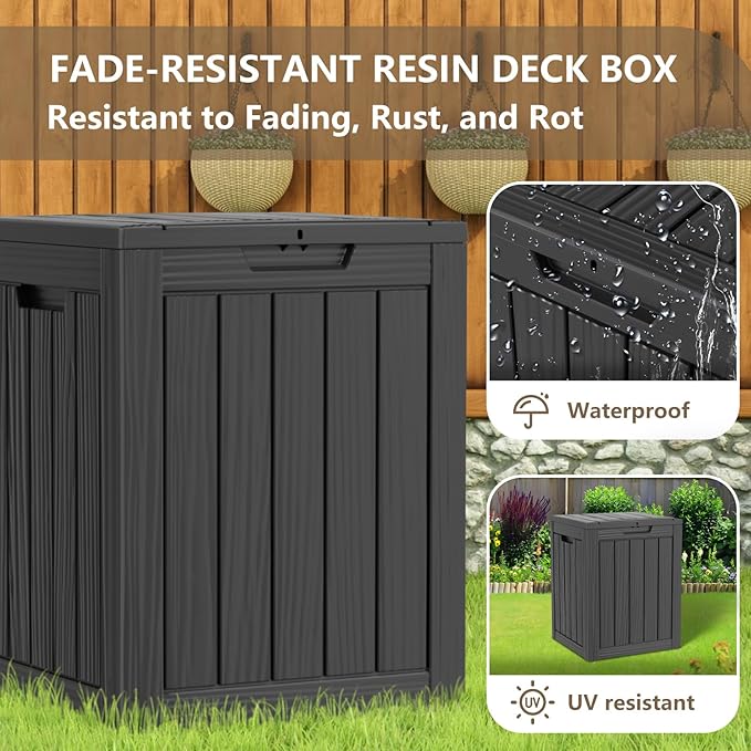 EasyUp 28 Gallon Outdoor Storage Box, Resin Waterproof UV-Resistant Deck Box, Reinforced Stability for Patio, Garden, and Poolside, Striped Black
