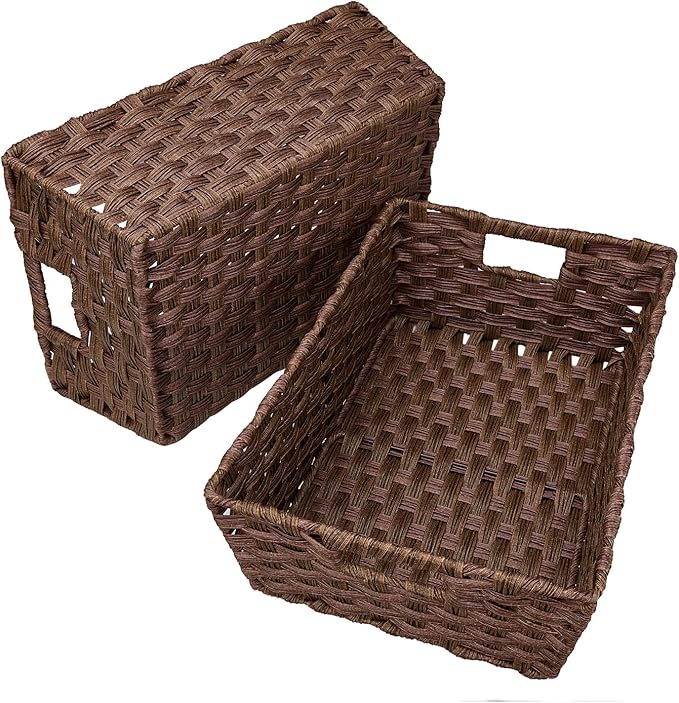 Large Wicker Storage Basket, Metal Frame, Set of 2, Washable Waterproof, 15" x 10.3" x 5.2", Brown Color, Woven Basket for Pantry, Toilet, Bathroom, Bedroom, Patio