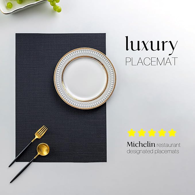 LEXMORE PlaceMats Set of 12 Vinyl/Plastic Woven Place Mats for Kitchen Table Indoor/Outdoor Washable PlaceMat Wipeable Dining Table Mats(Black)