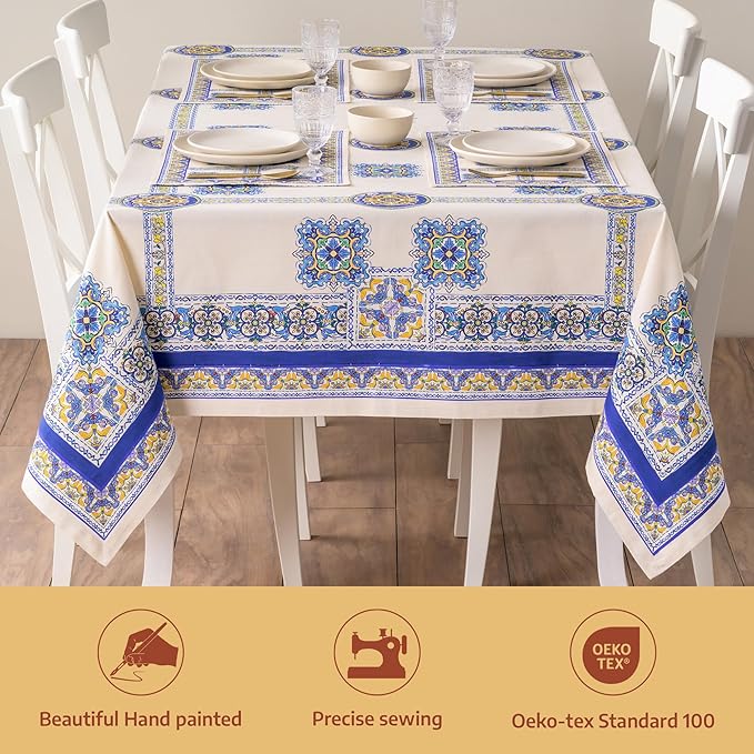 Maison d' Hermine Premium Table Cloth Rectangle Table 100% Combed Cotton 90 x 70 Inches Tablecloth Reusable Decorative for Dining Room, Farmhouse, Home, Party, Festive & Wedding - Sciacca