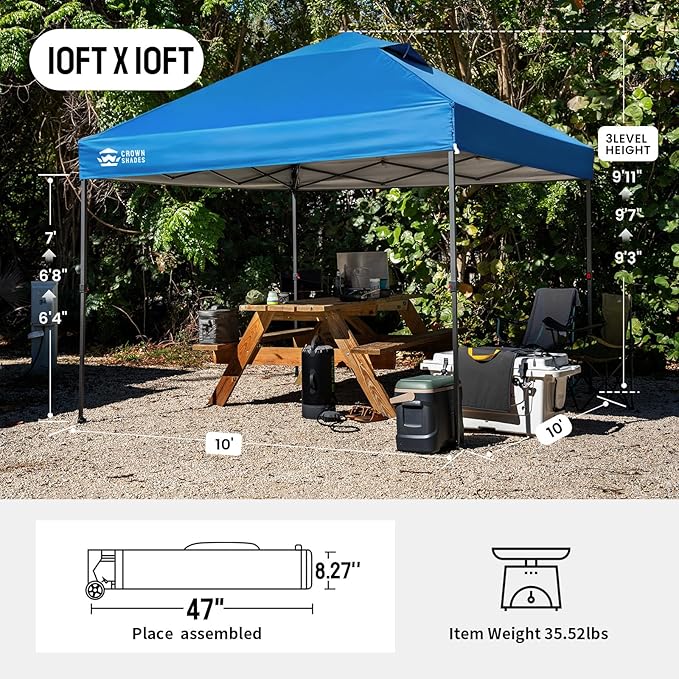 CROWN SHADES 10x10 Pop Up Canopy Tent - Patented Center Lock One Push Instant Outdoor Canopy Beach Tent with STO-N-Go Bag 8 Stakes & 4 Sand Bags，Blue