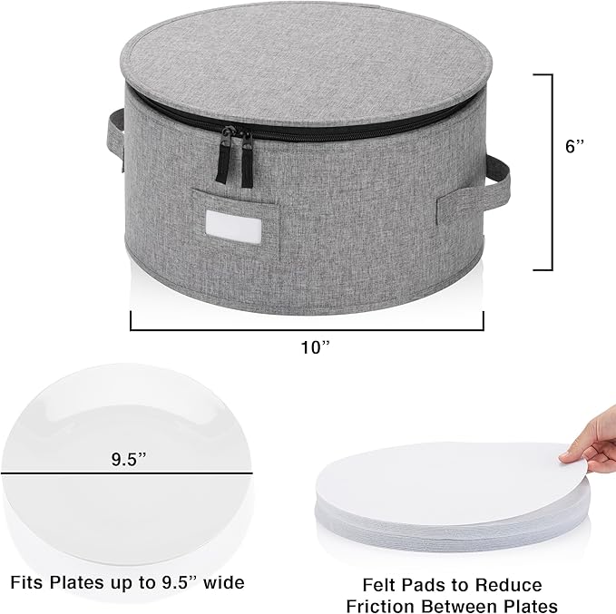 China Storage Case for Salad Plate - 10" W x 6" H - Includes 12 Felt Dividers. Hard Shell and Stackable with Padded Interior