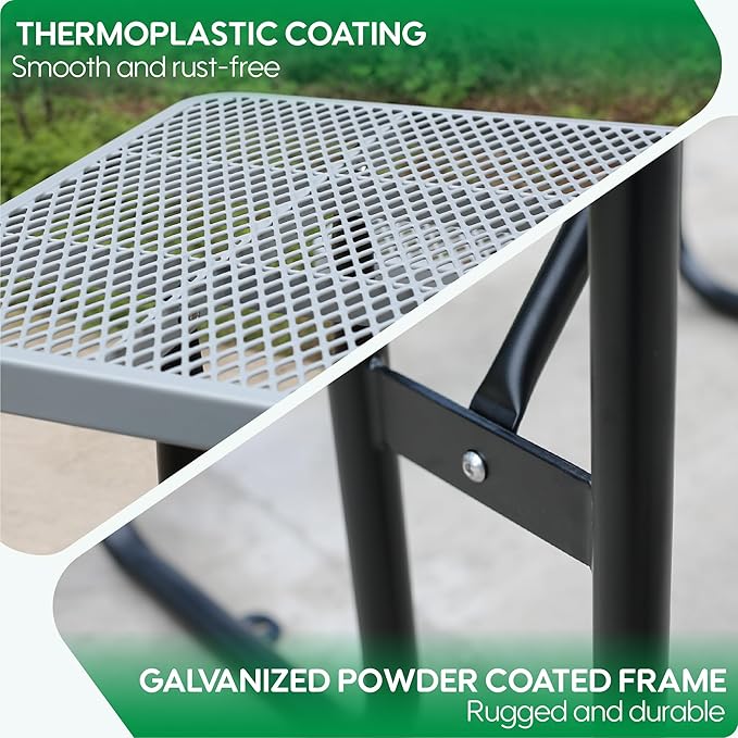 4FT Rectangular Metal Picnic Table for Outdoors, Commercial Steel Metal Picnic Tables, Heavy Duty Sturdy Picnic Tables Furniture Set for Patio Garden Courtyard BBQ, with Umbrella Hole, Grey