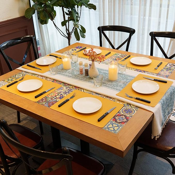 Faux Leather Placemats Set of 4 – 17x12 Inch Vinyl Table Mats, Heat Resistant, Non Slip, Wipeable & Washable, Easy to Clean Dining Table Decor for Kitchen & Dining Room（Golden Yellow）