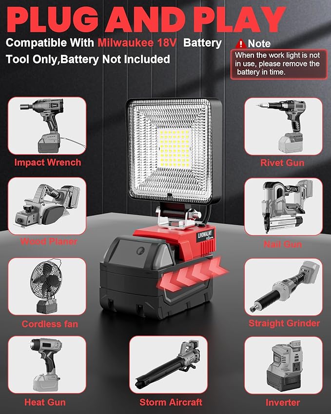 LIVOWALNY 2PCS 30W Cordless LED Work Light Compatible with Milwaukee 18V Battery, 3000LM Portable Flashlight with USB & Type-C Output Port, Flood Light Low Voltage Protection, Battery Not Included