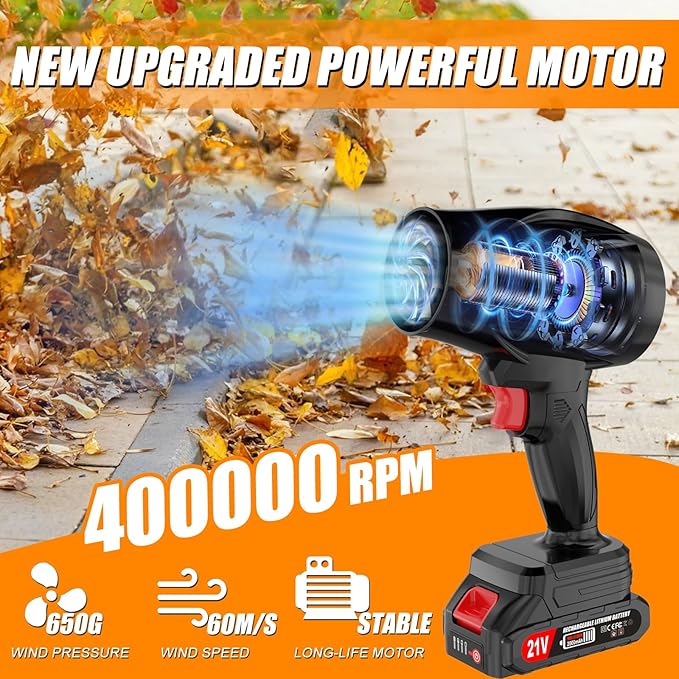 Leaf Blower Cordless with Battery and Charger, 21V Hand Held Blower, Turbo Air Jet Blower, Portable Handheld Leaf Blower with Adjustable Speed for Patio, Lawn Care, Car Snow, Blowing Leaves and Dust