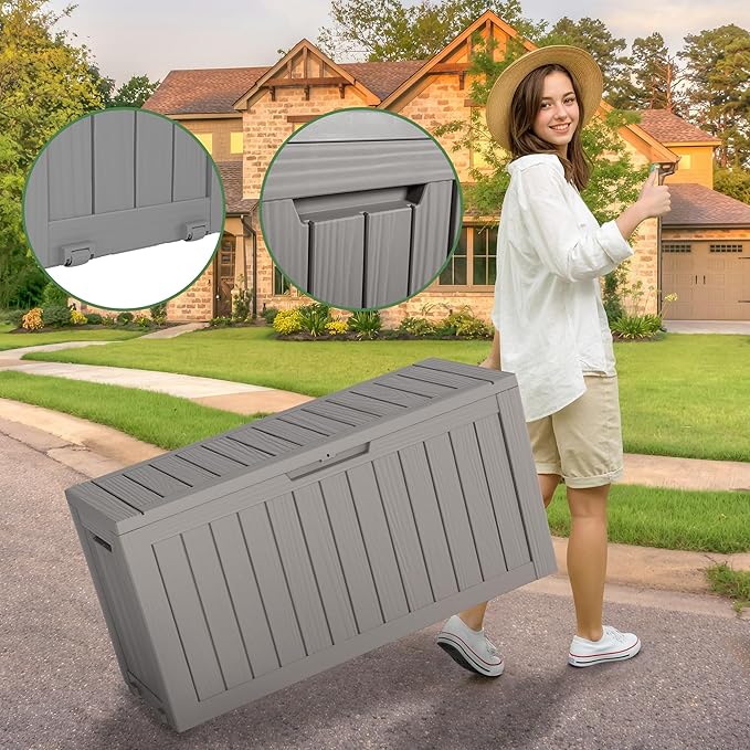 Outdoor Storage Box, Resin Deck Boxes Indoor and outdoor, Waterproof Storage Box Lockable Lid (Grey, 75 Gallon)