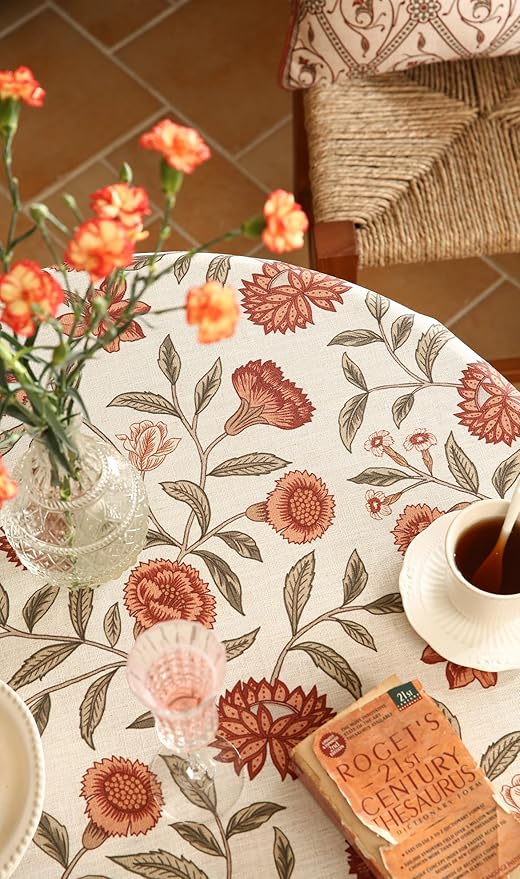 ISAENNE Designer French Round Tablecloth,Linen Orange Floral Pattern Indoor Table Cloth,Wrinkle Resistant Decor Table Cloth for Dining Thanksgiving Kitchen Party,Diameter 67"-Alvarado D