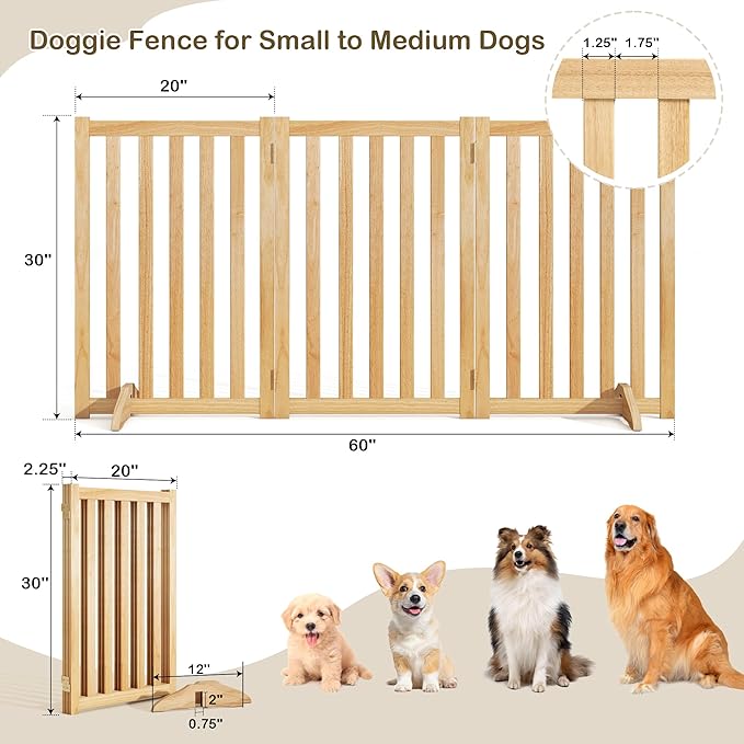 30" Height Tall Freestanding Pet Gate, Solid Wood Folding Safety Fence Wooden Dog Gate with 2 PCs Support Feet Ideal for Stairs, Doorways, Halls, Kitchens, Heavy Duty Gates, 3 Panels, Oak