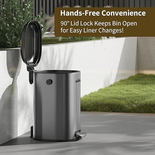 MRBIN Stainless Steel Dog Poop Trash Can with Lid, 5 Gal Round Pet Outdoor Waste Basket with Plastic Inner Bucket, Step Garbage Pail for Outside Patio, Yard, Garage, Eclipse Grey
