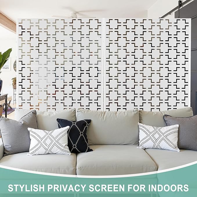 Metal Privacy Screen for Outdoor & Indoor Use, Free Standing Privacy Screen for Patio Garden Pool, 72" H x 47" W Decoative Privacy Panels, Weather Resistant, Easy Assembly (White Square)