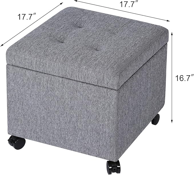Homebeez Multifunctional Space-Saving Linen Storage Ottoman with 360° Rolling Wheels, 17.7" Square Tufted Cube Footstool with Hinged Lid, Holds 300 lbs, for Living Room, Bedroom, Entryway, Grey