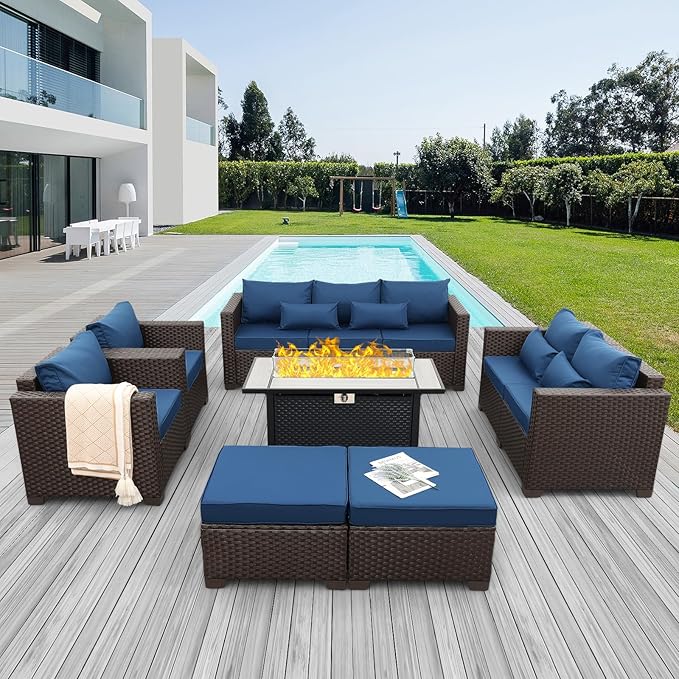 7 PCS Patio Furniture Set Outdoor Patio Furniture with Propane Fire Pit Table Outdoor Couch Patio Chairs Outdoor Conversation Set with Non-Slip Cushions Waterproof Covers, Navy Blue