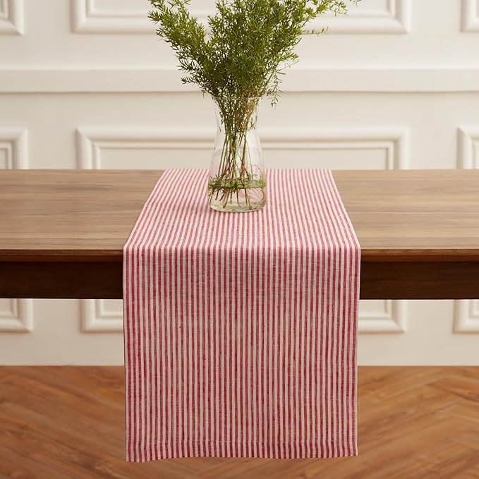 Solino Home Linen Table Runner 156 Inches Long - Narrow Stripe, 100% Pure Linen Red and White Table Runner 14 x 156 Inch for Dining, Valentines, Spring, Easter