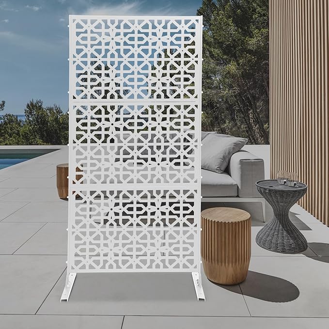 Outdoor Metal Privacy Screen with Stand, 35.4" W x 75" H Freestanding Metal Slatted Decorative Privacy Screen and Panels for Patio Garden Balcony Porch (White Polygonal)