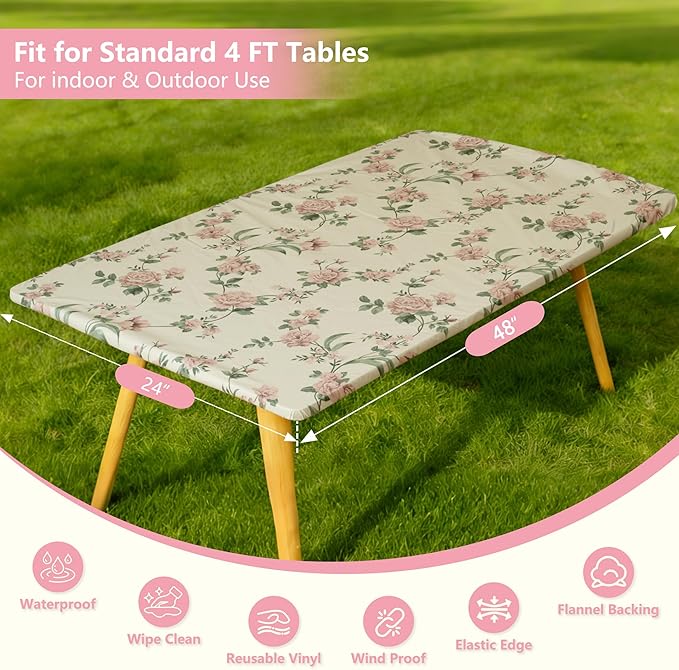 Rectangle Picnic Table Cloth, Elastic Waterproof Fitted Vinyl Tablecloths for 4 Foot Tables, Wipeable Flannel Backed Table Covers for Dining, Camping, Outdoor(Rose,24"x48")