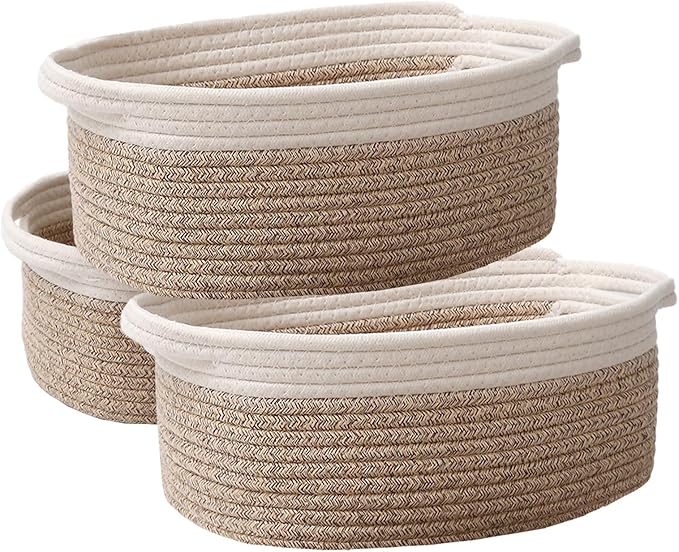 Woven Basket,Small Rope Storage Bin with Handles & Ribbon Bag, Organizer for Shelves Closets,Gift Basket Empty for Birthday,Books,Dog Toys, White&Oatmeal/3 Pack