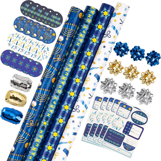 WRAPAHOLIC Hanukkah Wrapping Paper Set - Menorahs, the Star of David, Candles Design Chanukah Wrapping Paper Bundle with Gift Bow & Ribbon & Tag & Sticker