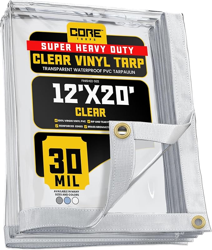 Core Tarps 30 Mil Extreme Heavy Duty Clear Tarp with Gromments - 12x20ft Super Clear Tarps Heavy Duty Waterproof Vinyl Tarpaulin, Transparent Tarp for Outdoor, Camping & Construction, Clear
