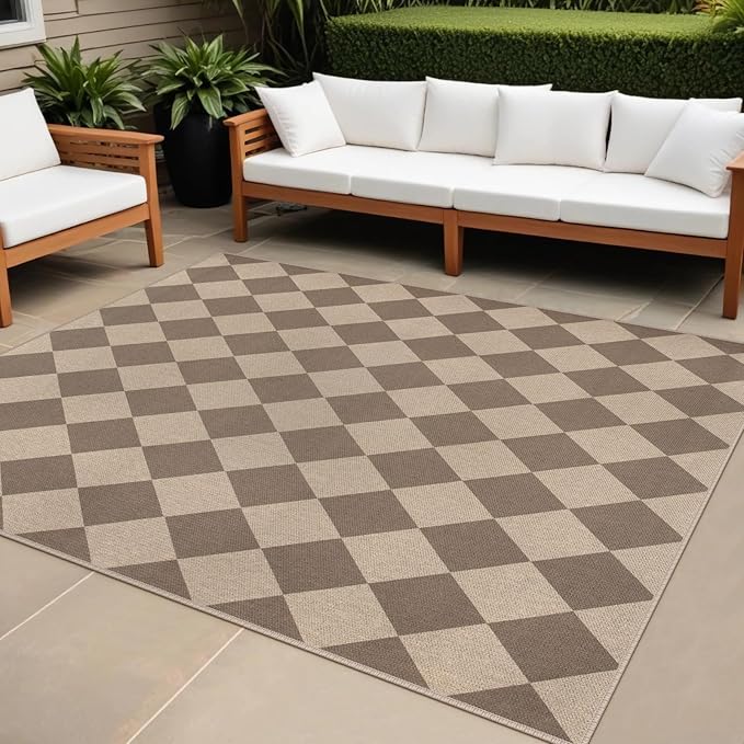 Easy Jute Brown Checkered 5x7 Area Rug, Washable Modern Rugs for Living Room Non-Slip Diamond Bedroom Rug, Neutral Farmhouse Indoor Outdoor Carpet for Patio Dining Room Classroom