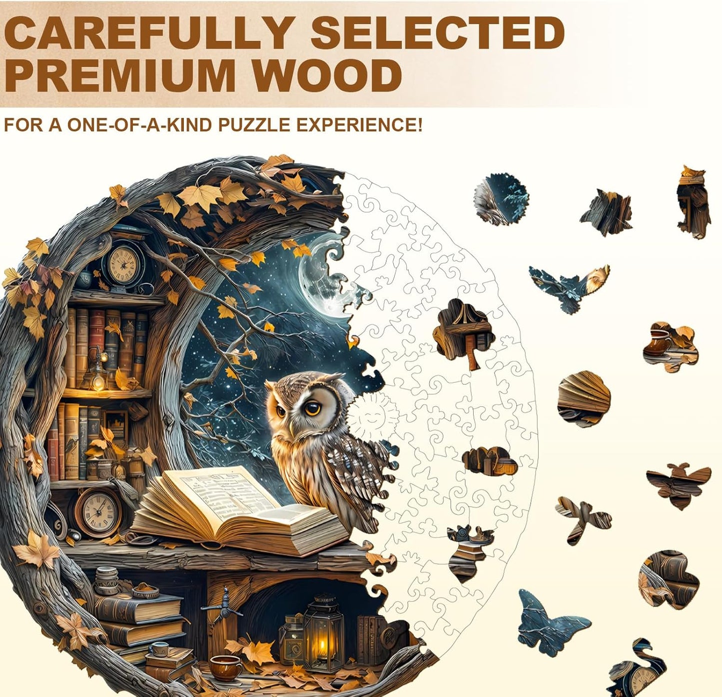 WOODBESTS Wooden Puzzles for Adults - Moonlit Owl Wooden Jigsaw Puzzle, Unique Animal Wood Puzzles Adult, Xmas Puzzle Gifts for Puzzles Lovers(200 Pcs, M, 11.4"x11.4")