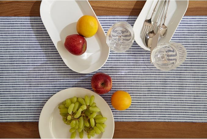Solino Home Linen Table Runner 90 Inches Long - Narrow Stripe, 100% Pure Linen Navy and White Table Runner 14 x 90 Inch for Dining, Spring, Easter