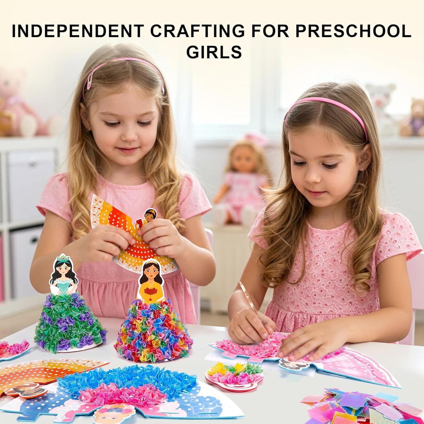 PP OPOUNT Poke Art Kits for Girls, 5 pcs 3D Magical Princess & 5 Bags Kids Paper Craft Kits, DIY Wood Craft Kit, Mess-Free Creative Activity Art and Crafts, Birthday Christmas Gift for Girls Ages 4-8