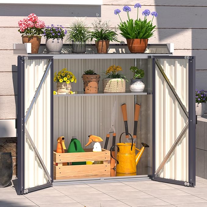 AECOJOY Outdoor Storage Cabinet Waterproof, Potting Workbench Table with Adjustable Shelves, Outside Metal Sheds & Outdoor Storage Garden Cabinet for Gardening Tools and Plants, Dark Grey