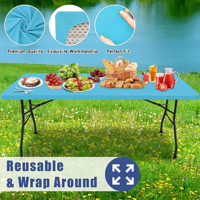 Spandex 5 Foot Rectangle Table Cloth 6 Pack, Elastic Fitted Tablecloths for Picnic, Stretch Washable Patio Table Cover for Outdoor, Camping, Banquet and Parties (Blue Mist, 30"x60")