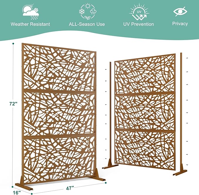 Metal Privacy Screen for Outdoor & Indoor Use, Free Standing Privacy Screen for Patio Garden Pool, 72" H x 47" W Decoative Privacy Panels, Weather Resistant, Easy Assembly (Brown Net)