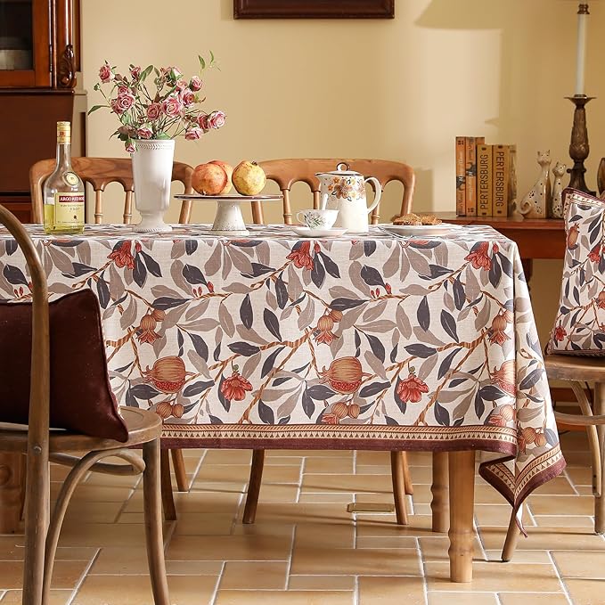 patdrea Designer Vintage Long Tablecloth for Rectangle Table,Linen Pomegranates Leaves Pattern Tablecloths,Decor Table Cover for Kitchen Dining Christmas,Party,Thanksgiving,63"x102"-Tehran a