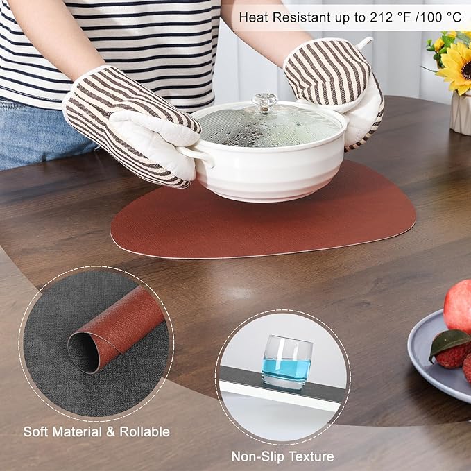Placemats and Coasters, Washable Reversible Placemats Round Faux Leather Wipeable Place Mats Non Slip Heat Resistant Indoor Outdoor Table Mats (Set of 4, Gray Terracotta)