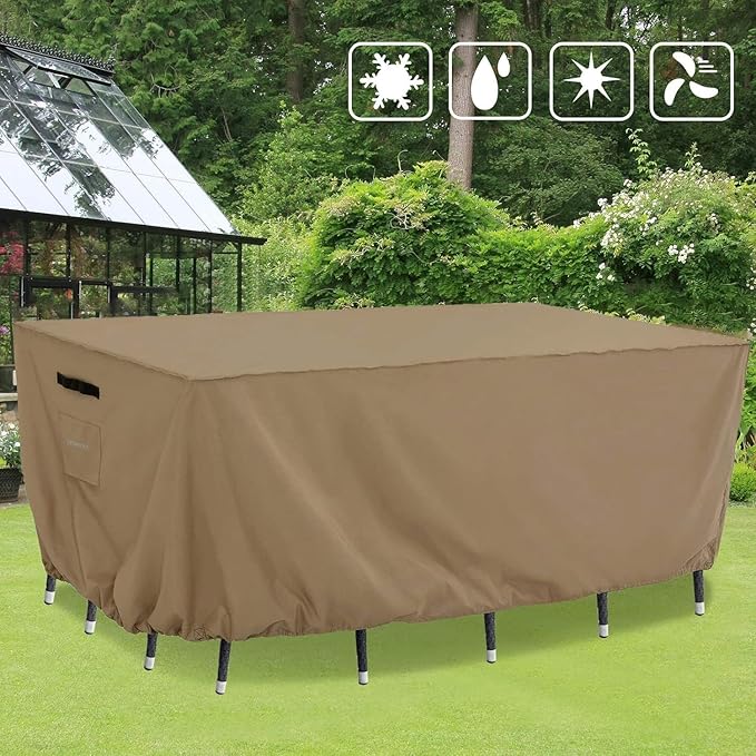 Tempera Outdoor Dining Set Cover for Outside Table and Chairs, Rectangle Patio Table Covers for Outdoor Furniture, Anti-Fading, Windproof,102''L x 74''W x 27.8''H,Taupe