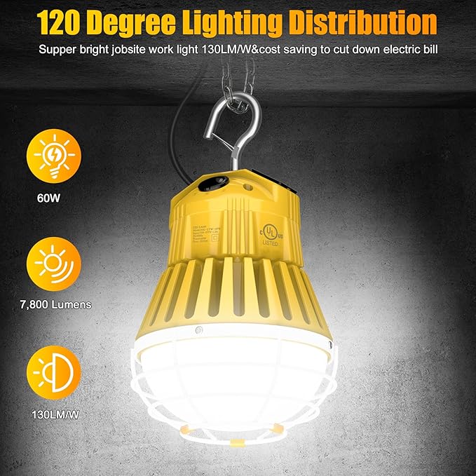 LED Temporary Work Light 60W, 7800LM 5000K Portable Hanging Construction Light with 10ft Cable Plug and Sturdy Hooks Linkable LED Work Light for Job Site Lighting, Workshop, Garage ETL Listed