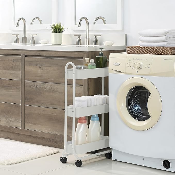 SunnyPoint Slim Rolling Storage Cart, 3 Tier Bathroom Storage Organizer Bathroom, Laundry Utility Cart (White)