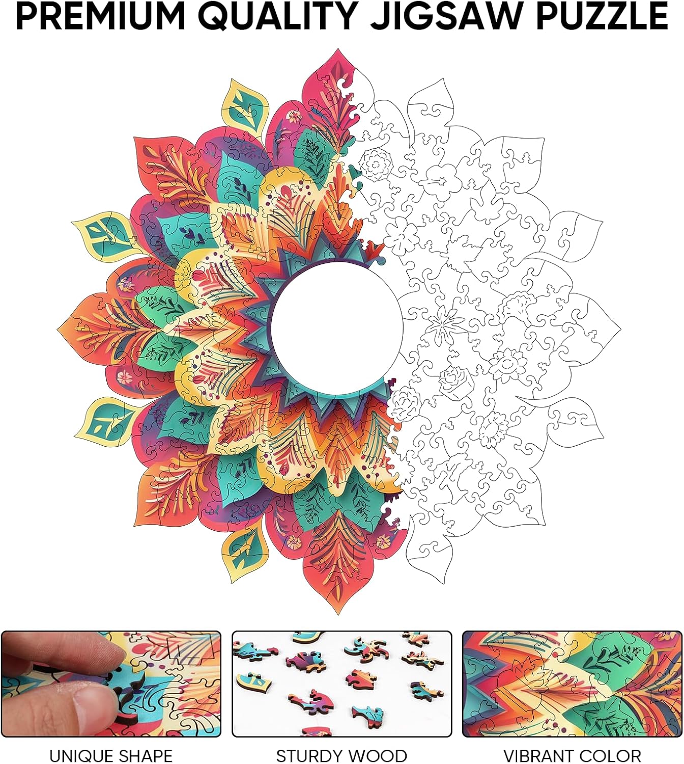 Wooden Puzzles for Adults, Hollow Mandala Wooden Jigsaw Puzzles 200 Pieces, Unique Design Adult Puzzles, Family Brain Game Gift, 11.2x11.3 inch