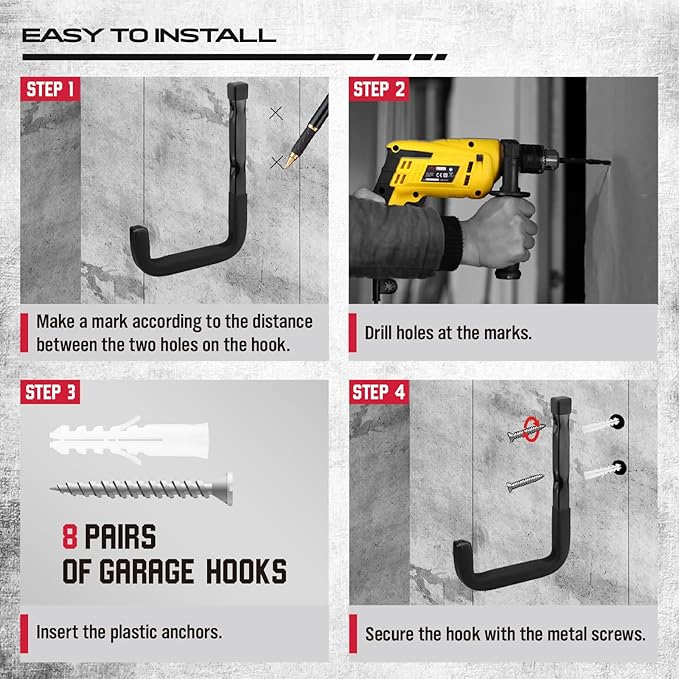 SEDY Heavy Duty Garage Storage Hook: 4-Piece 6" Wall Mount J Utility Hooks Holds 88 LB, Large Metal Garage Storage Ladders Hook, Utility Hooks for Bikes, Garden Tools
