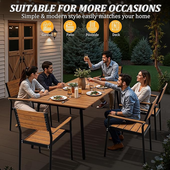 70" Patio Outdoor Dining Table for 4-6, Weather-Resistant Wood-Grain Top with Aluminum Frame & Umbrella Hole for Deck Gatherings, Brown