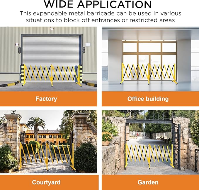 TECSPACE Industrial Expandable Metal Barricade, Expansion Size 16.4 FT, Yellow and Black,Durable Steel Safety Barricade with casters, Flexible Mobile Barrier Gate, Adjustable Traffic Fence