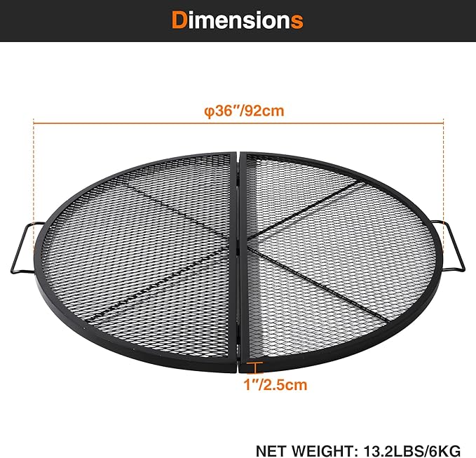 REDCAMP Foldable Fire Pit Cooking Grill Grate, Portable X-Marks Heavy Duty Steel Round Campfire BBQ Grill with Handle & Support Wire, Ideal for Outdoor Picnics & Gatherings, 36-Inch Black