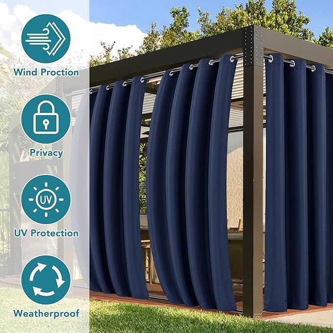 HolidayIdeas Gazebo Curtains Outdoor Waterproof 4 Panels 54x84 Inch-Windproof Weatherproof Privacy Navy Outside Curtains-Grommet Top and Tab Bottom Drape for Patio, Porch, Pergola, Cabana, Backyard