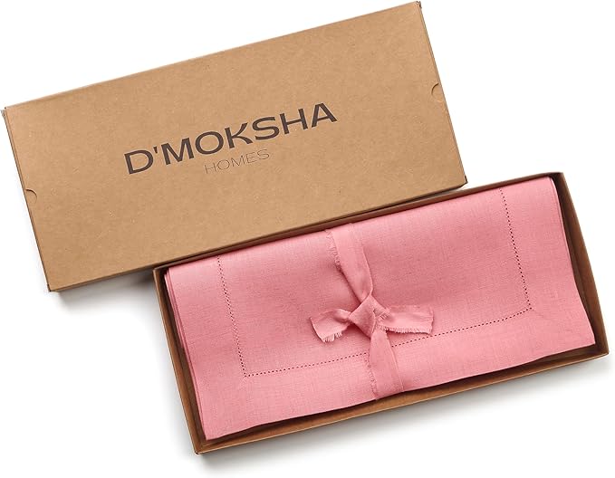 D'Moksha Homes Linen Dusty Pink Table Runner 54 Inches - Classic Hemstitch, 100% Pure Linen Coffee Table Runner 14 x 54 Inch Ideal for Dresser Tables, Valentines, Spring, Easter