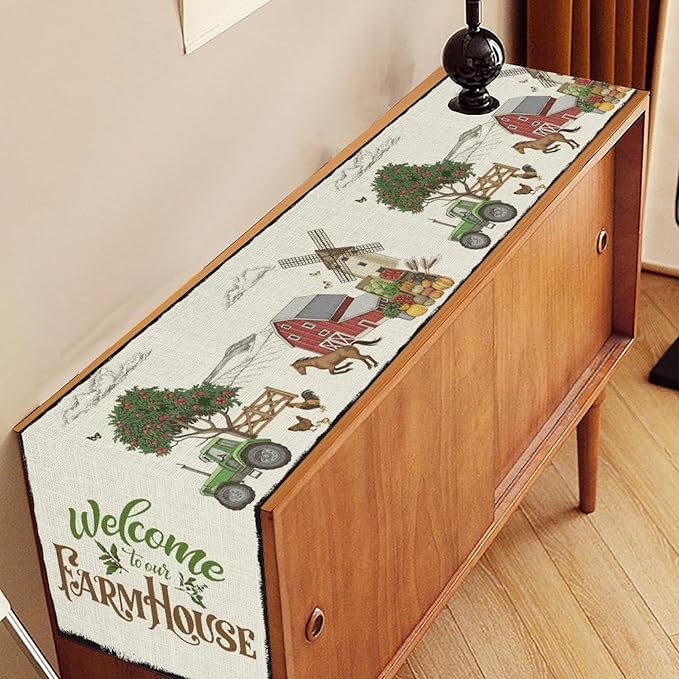 Farmhouse Horse Table Runner, Rustic Rooster Truck Tree Butterfly Animals Coffee Table Center Decor for Family Kitchen and Living Room Outdoor Country Holiday Party Table Decorations, 13" X 36"