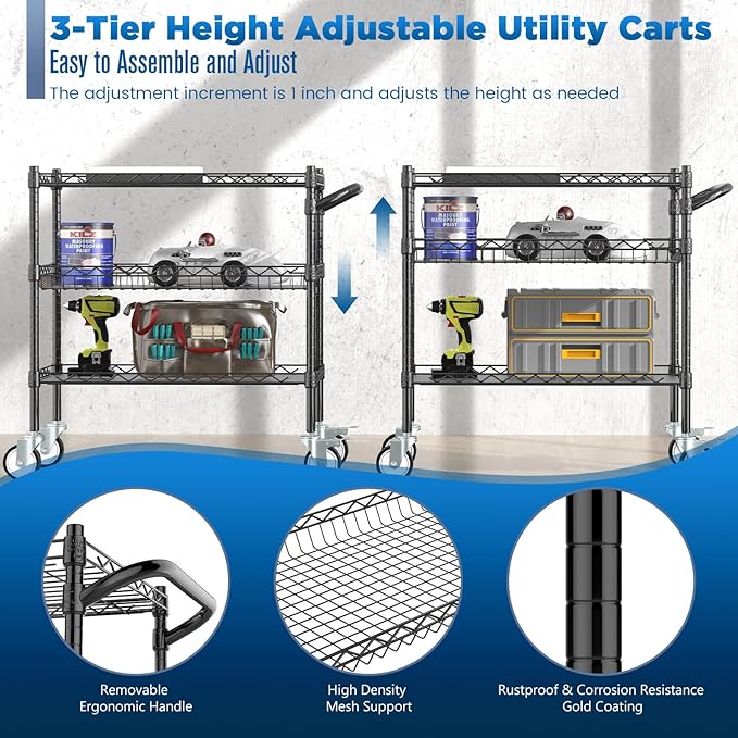 Leteuke 3 Tier Rolling Carts with Wheels, Heavy Duty Rolling Utility Cart,NSF Commercial Grade Metal Cart with Handle&Shelf Liner,Trolley Serving Cart for Kitchen,Restaurant,Plant Display,Black