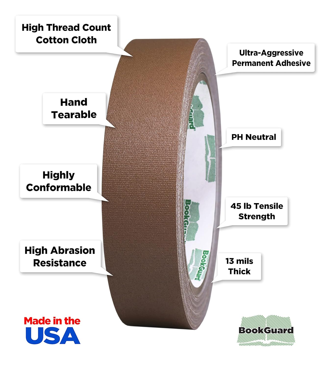 BookGuard 1 Inch Premium Bookbinding Repair Cloth Tape, 15 Yard Roll, Tan