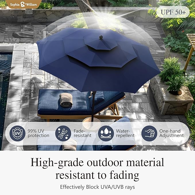 Sophia & William Metal Outdoor Patio Dining Set 6 PCS with 10ft 3 Tier Auto-tilt Umbrella(Navy Blue), 4 x Metal Outdoor Chairs, 1 x Square 37"x 37" Dining Table and 1 Patio Umbrella